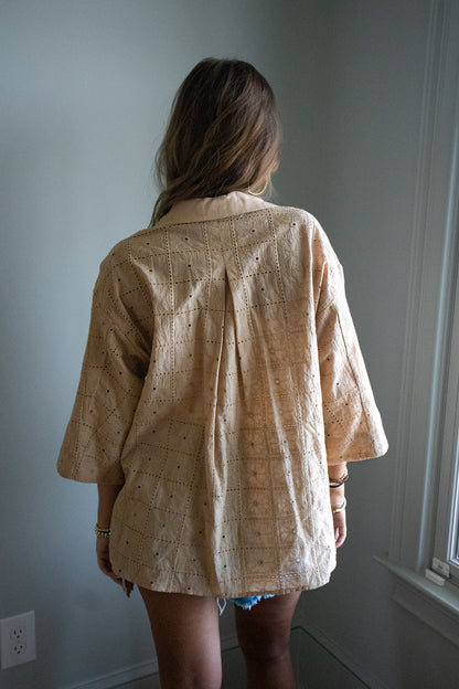 Golden Tan Eyelet Button Down Top