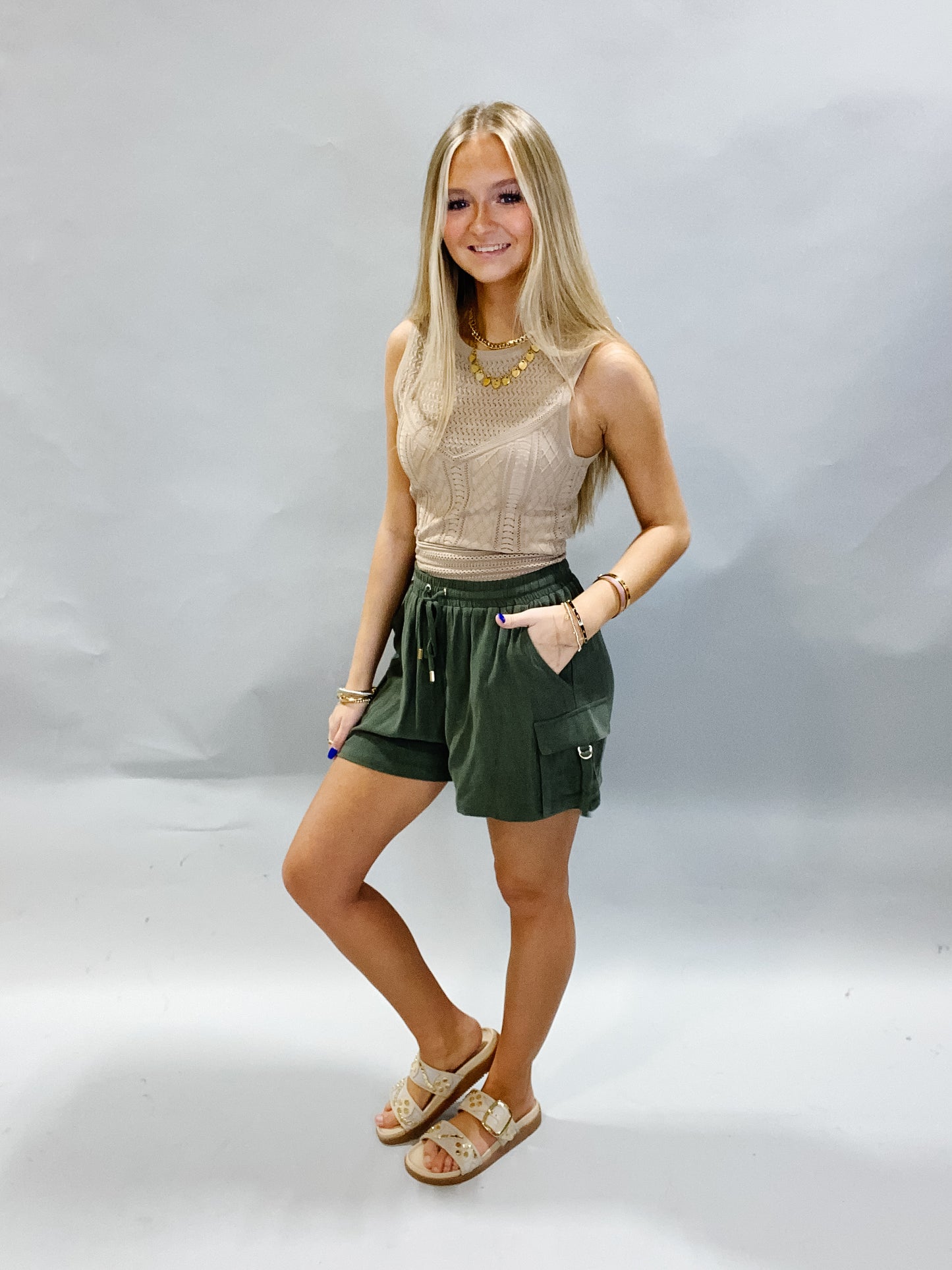 Olive Linen Cargo Shorts