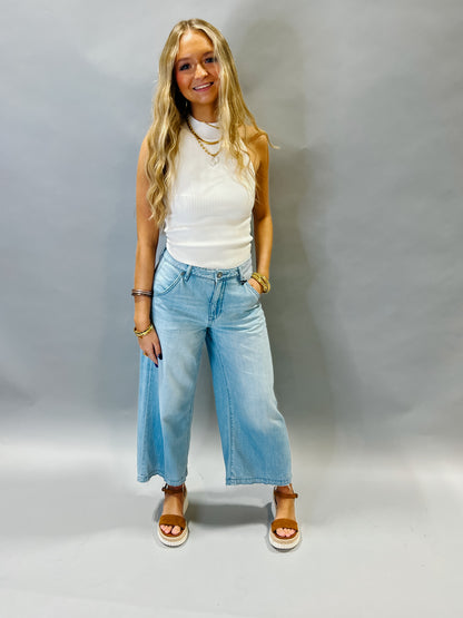 Carefree Ribbed Mock Neck Halter Tank - OFF WHITE