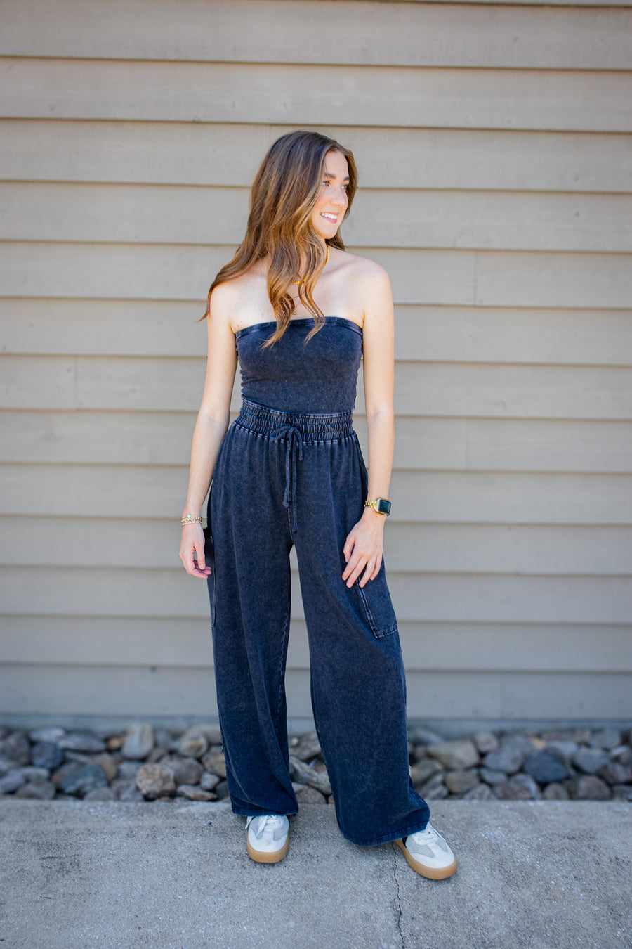 Black Mineral Wash Strapless Wide-Leg Jumpsuit