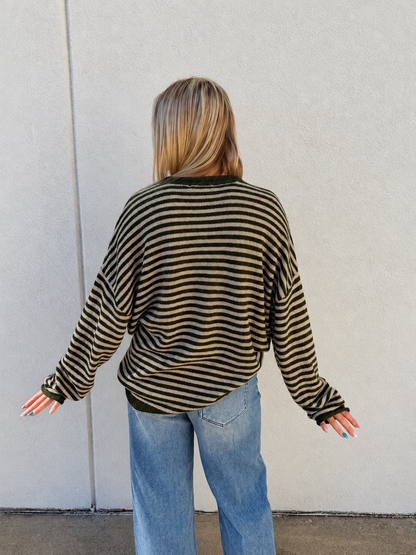 Weekend Stripe Henley Sweater –Olive Green/Cream