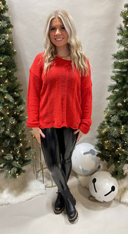 Peppermint Red V-Neck Knitted Sweater