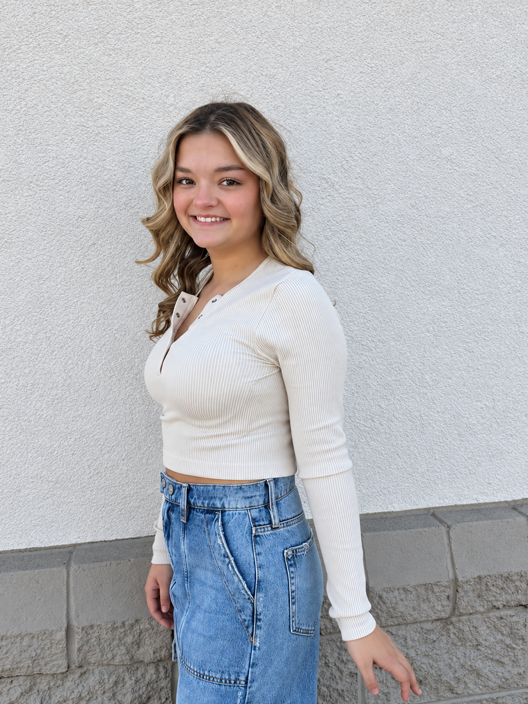 All Day Cropped Ribbed Long Sleeve Henley - Cream