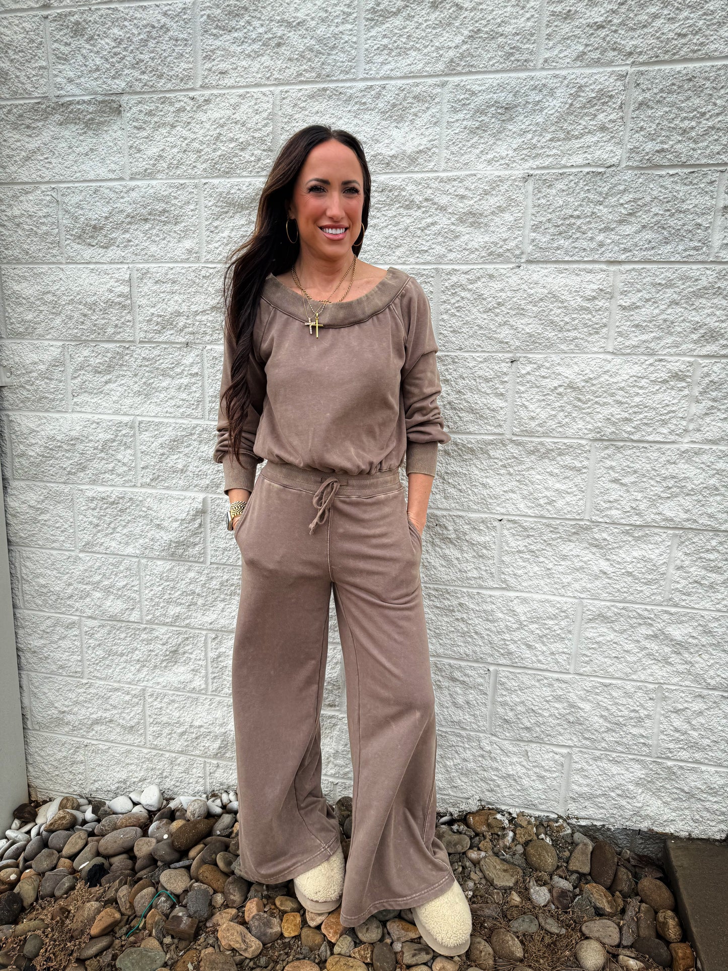 Effortless Off The Shoulder Jumpsuit - Washed Brown
