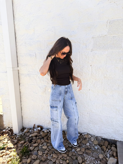 Hidden - NORI - Cargo Moto 33" Inseam Wide Leg Jean - Light Wash