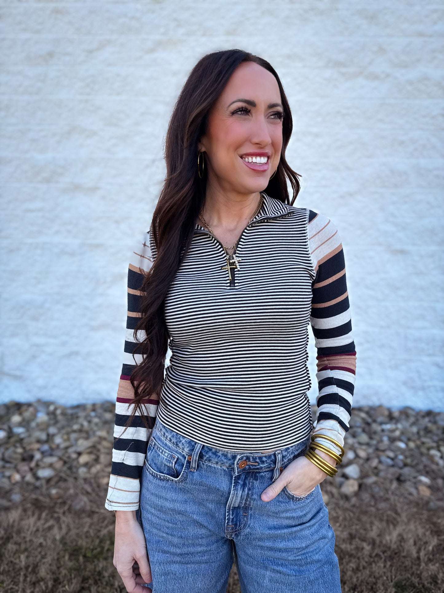 Free People - Avery Long Sleeve Top - BLACK COMBO