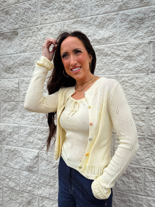 Butter yellow eyelet top and cardigan  with fun colored buttons