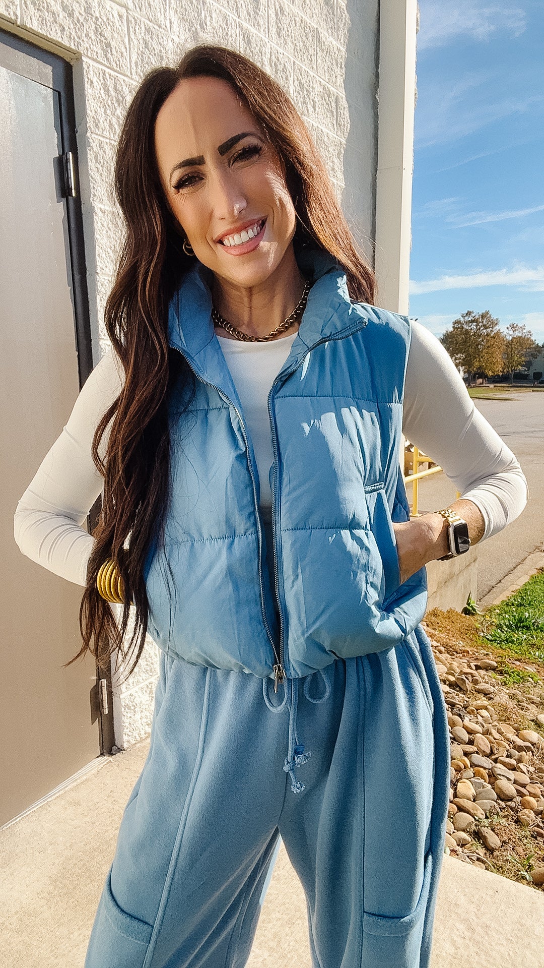 Cropped Puffer Vest - Dusty Blue