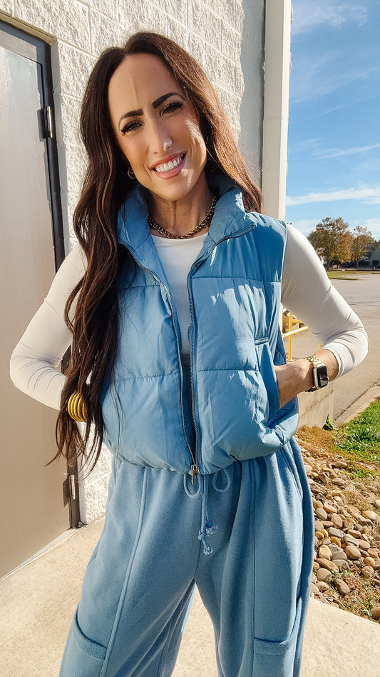Cropped Puffer Vest - Dusty Blue