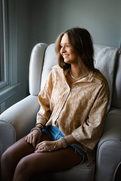 Golden Tan Eyelet Button Down Top