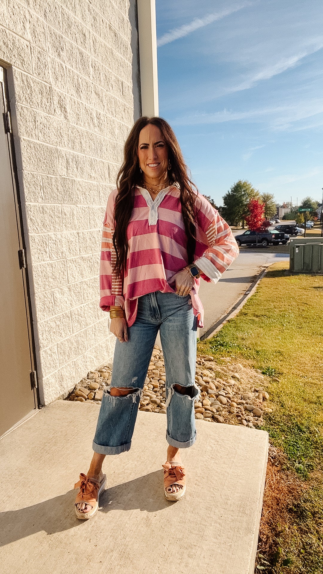 Free People - Aster Stripe Tee  - Pink Combo
