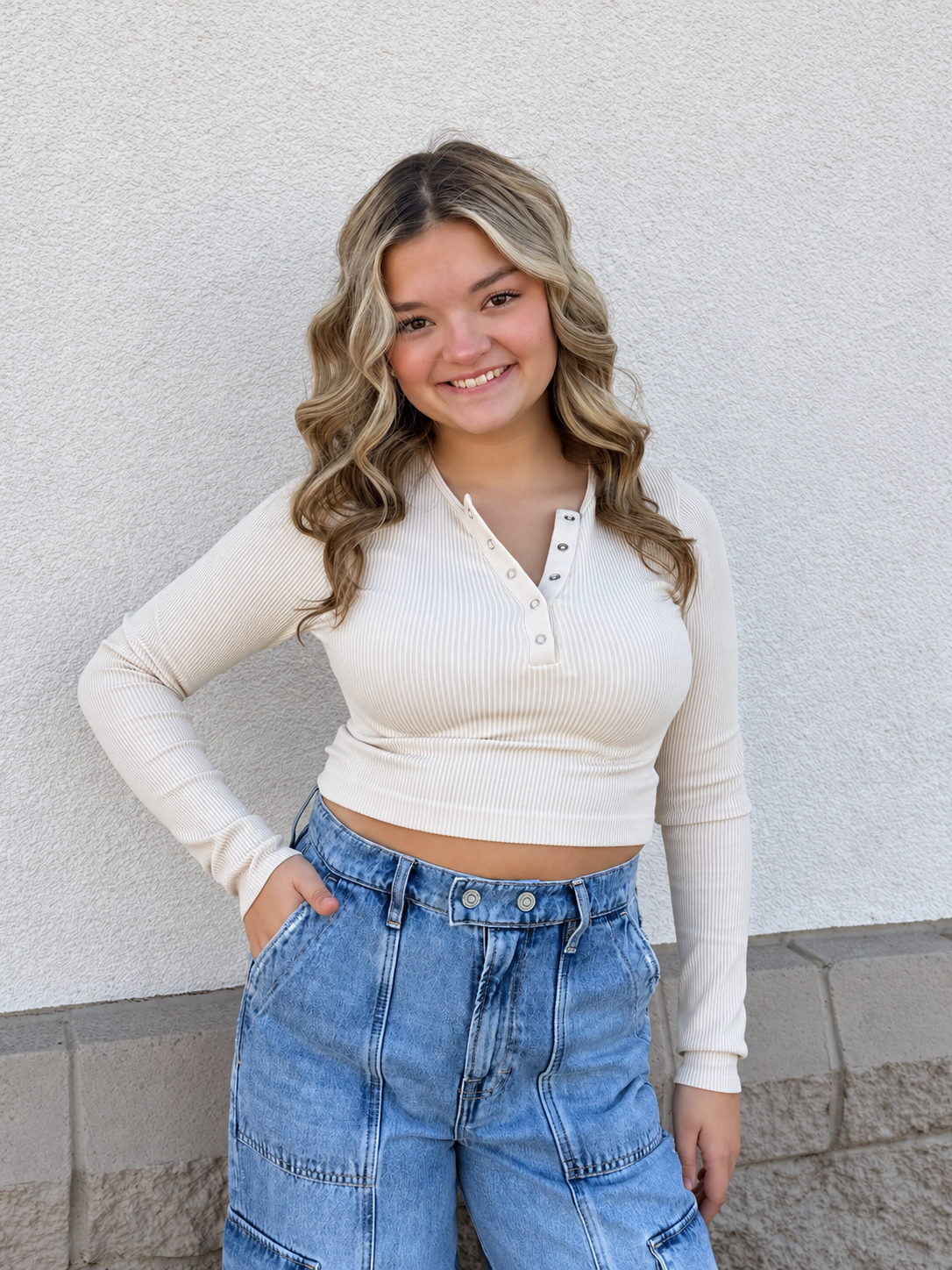All Day Cropped Ribbed Long Sleeve Henley - Cream