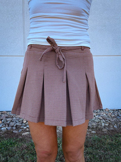 Spiced Cider Plaid Pleated Skort with Waist Tie