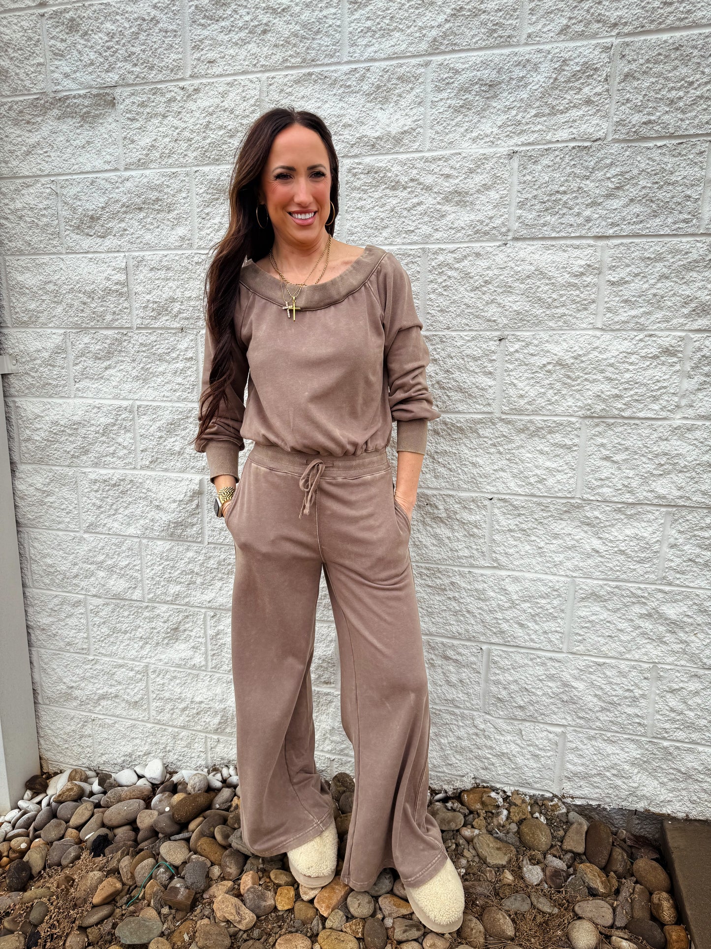 Effortless Off The Shoulder Jumpsuit - Washed Brown