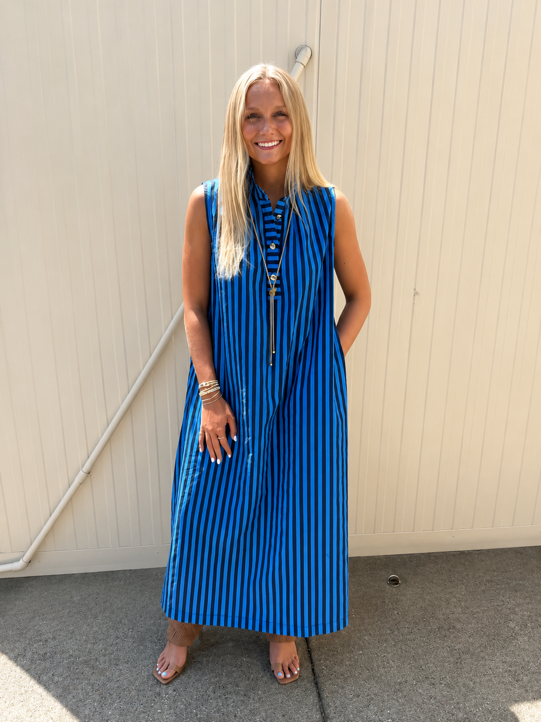 Blue Hour Striped Sleeveless Midi Dress