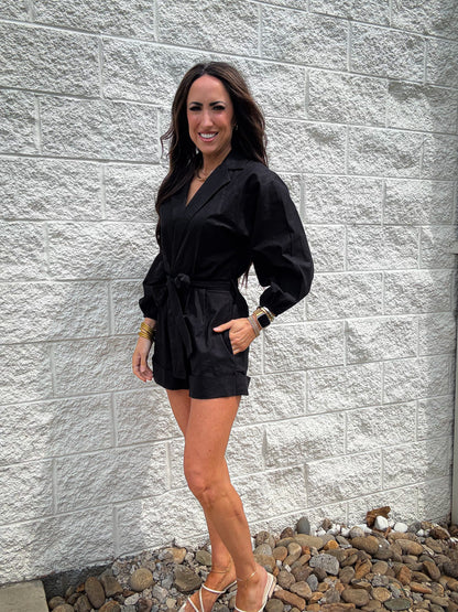 After Dark Linen Romper - BLACK