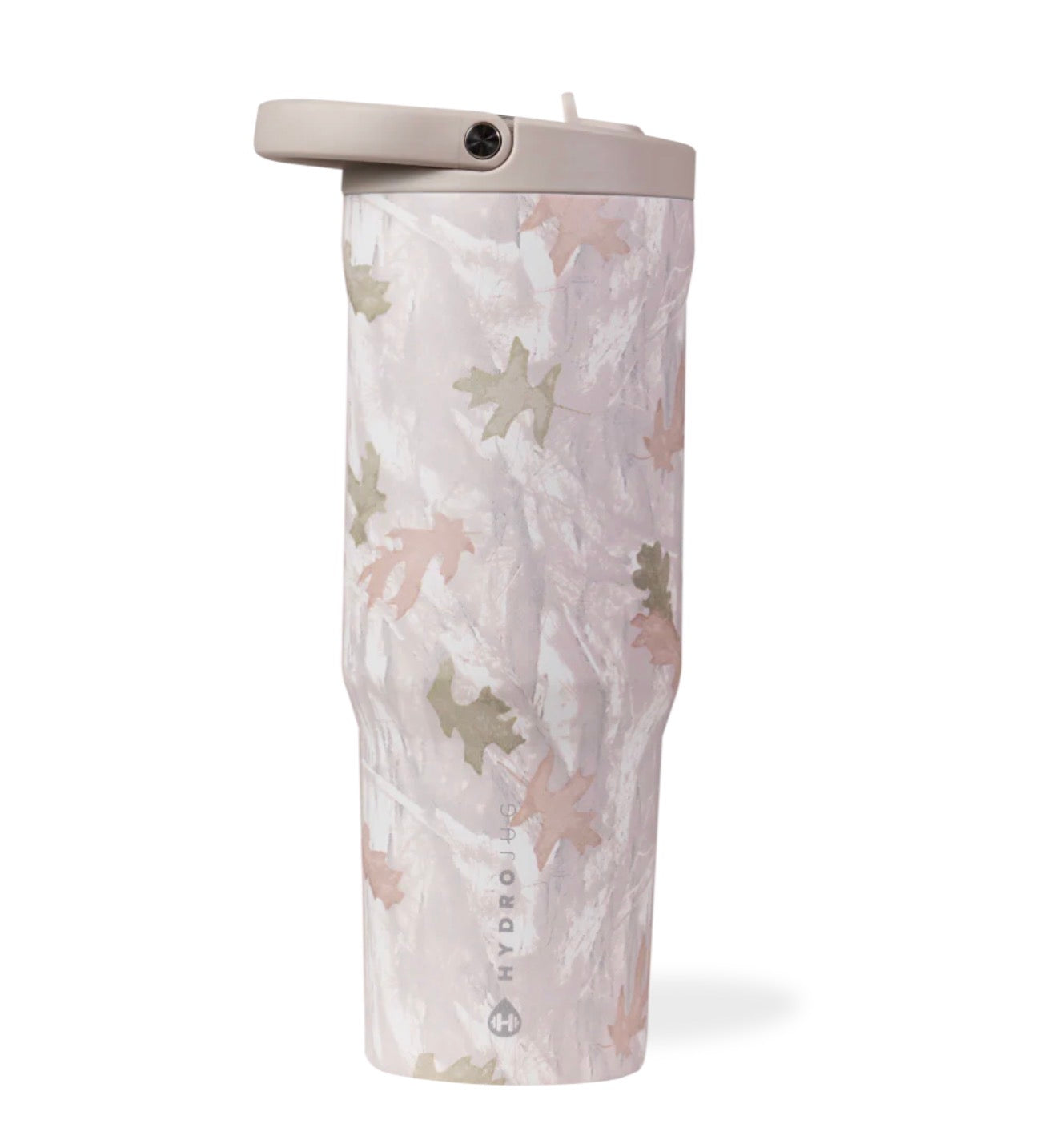 HydroJug camo insulated tumbler with straw lid, pink and neutral leaf pattern reusable water bottle, aesthetic 40 oz drinkware 
