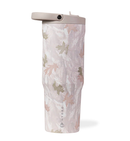 HydroJug camo insulated tumbler with straw lid, pink and neutral leaf pattern reusable water bottle, aesthetic 40 oz drinkware 