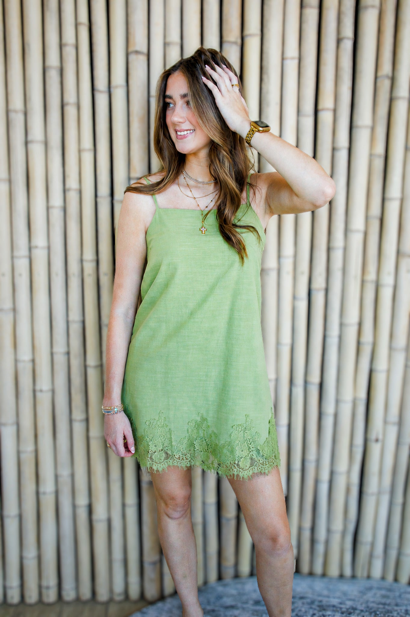 Sweet Escape Olive Green Lace Hem Mini Dress