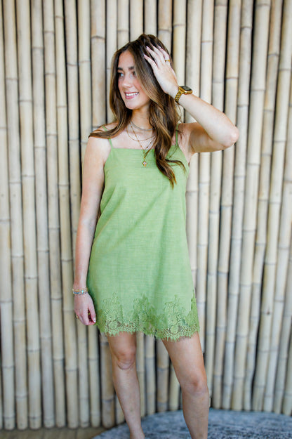 Sweet Escape Olive Green Lace Hem Mini Dress