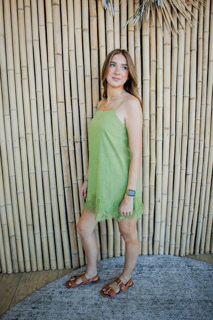 Sweet Escape Olive Green Lace Hem Mini Dress