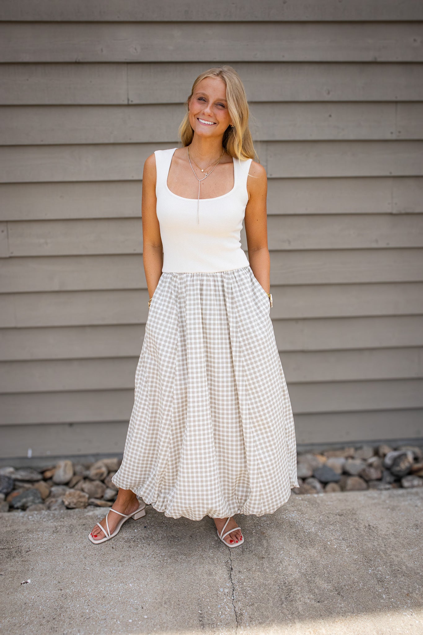bubble hem maxi dress Coastal Charm Beige Gingham M collection-stow-on-the-world The Lily Bubble Hem Beaton Linen River Dress Size:8.5 US