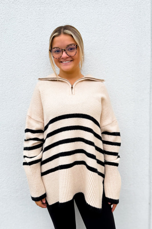 Coastal Cream and Black Stripe Quarter Zip Up Sweater