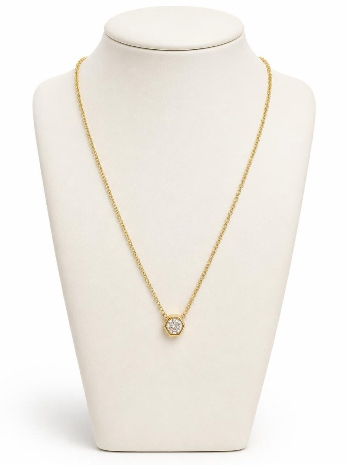 Cornerstone Bezel Gold Pendant Necklace featuring a sparkling bezel-set stone on a delicate gold chain, waterproof, tarnish-resistant, hypoallergenic faith-inspired jewelry with a lifetime warranty.