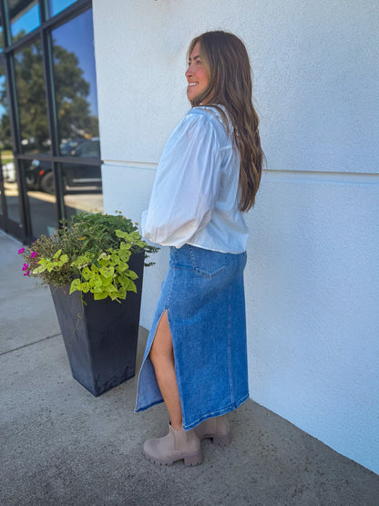 HIdden - Peyton Midi Skirt with Side Slit - Medium Wash