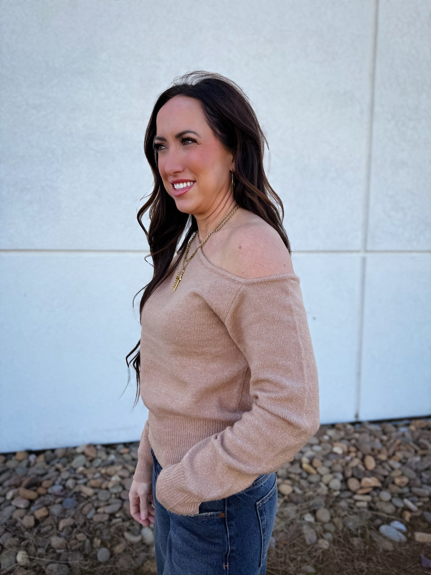 Flirty Asymmetric Off Shoulder Sweater - TAUPE