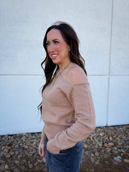 Flirty Asymmetric Off Shoulder Sweater - TAUPE