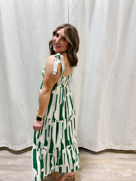 Green Tiered Abstract Midi Dress