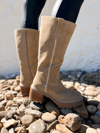 MIA Teirson Tall Boot in Sand: Elevated Embroidered Lug Sole Boot