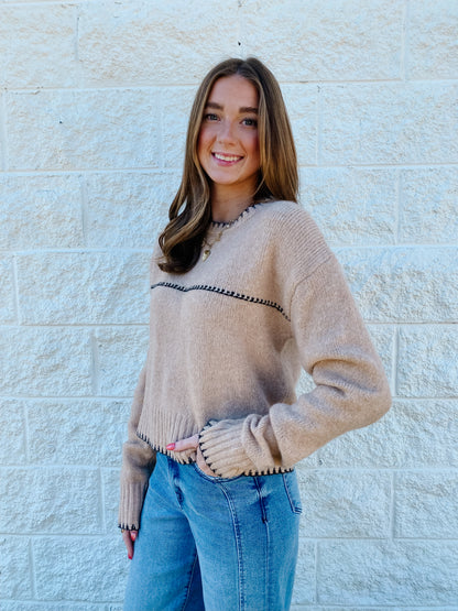 In The Details Contrast Stitch Sweater – Tan & Black