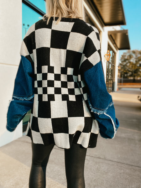 Urban Checkerboard Denim Cardigan