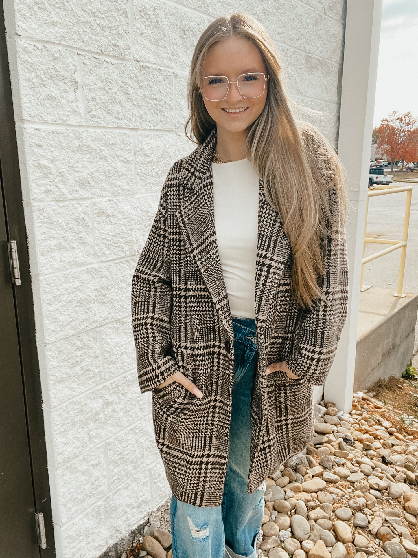 Cedar Ridge Houndstooth Plaid Coat - Brown/Cream