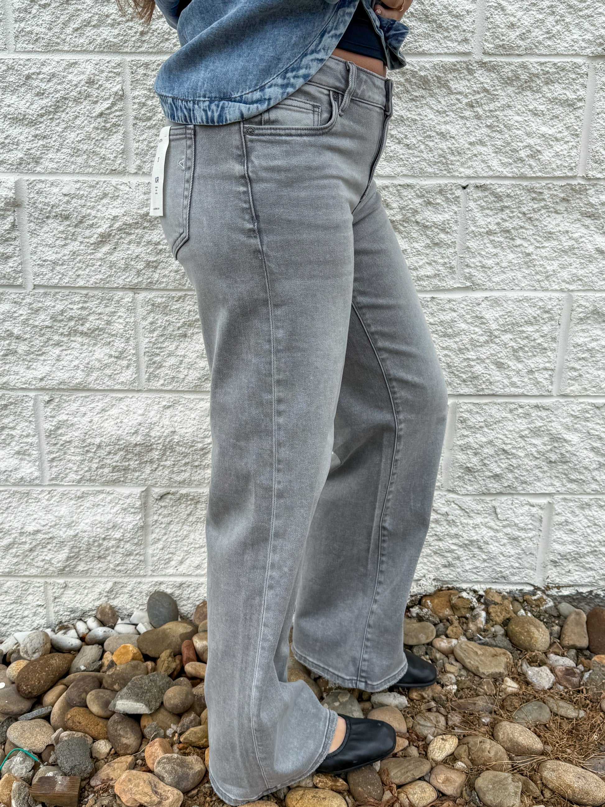gray stretch wide leg jeans 