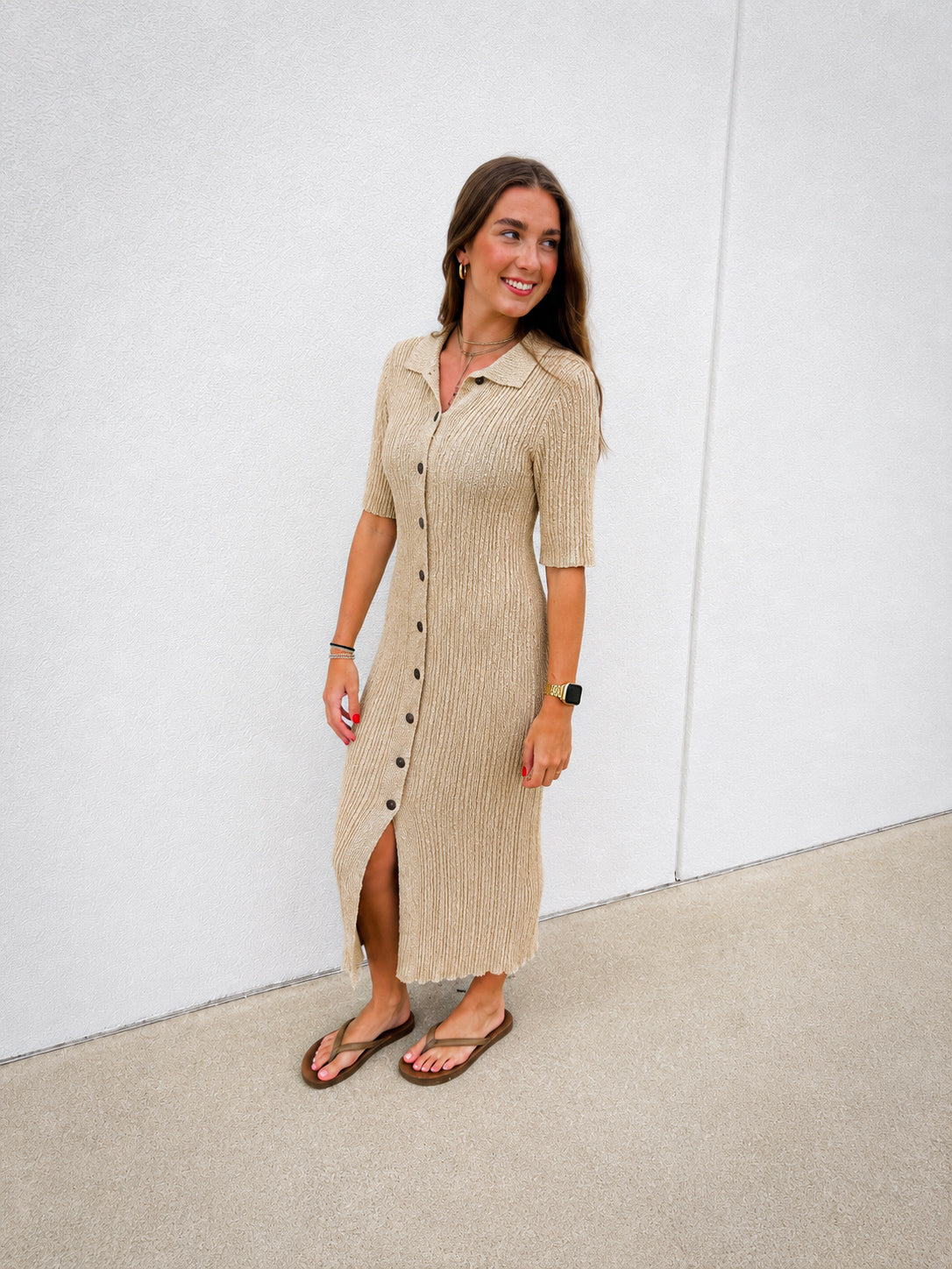 Soft Sand Short Sleeve Textured Midi Dress