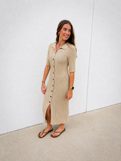 Soft Sand Short Sleeve Textured Midi Dress