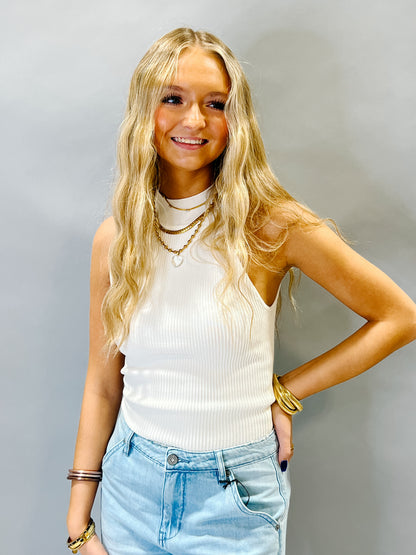 Carefree Ribbed Mock Neck Halter Tank - OFF WHITE