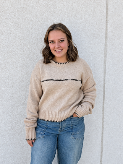 In The Details Contrast Stitch Sweater – Tan & Black