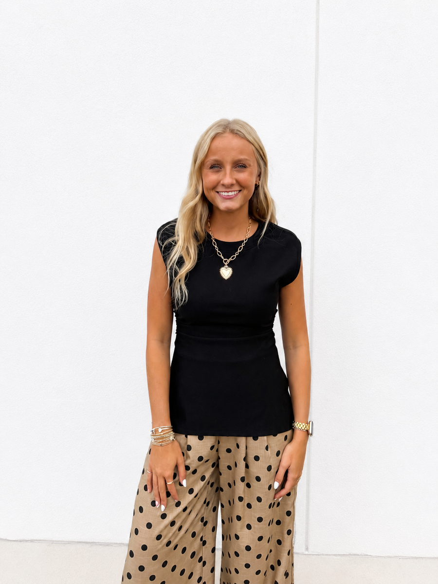Downtown Darling Ruched Cap Sleeve Black Top