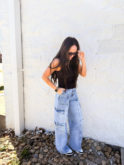 Hidden - NORI - Cargo Moto 33" Inseam Wide Leg Jean - Light Wash