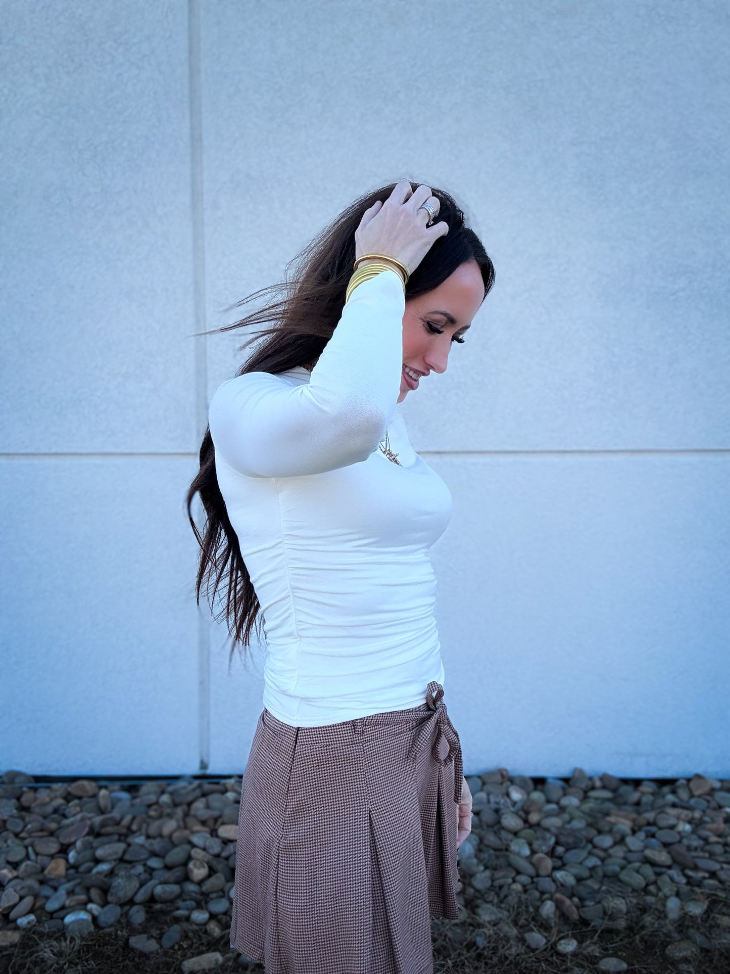 Gabriel Ruched Sides Long Sleeve Top- WHITE