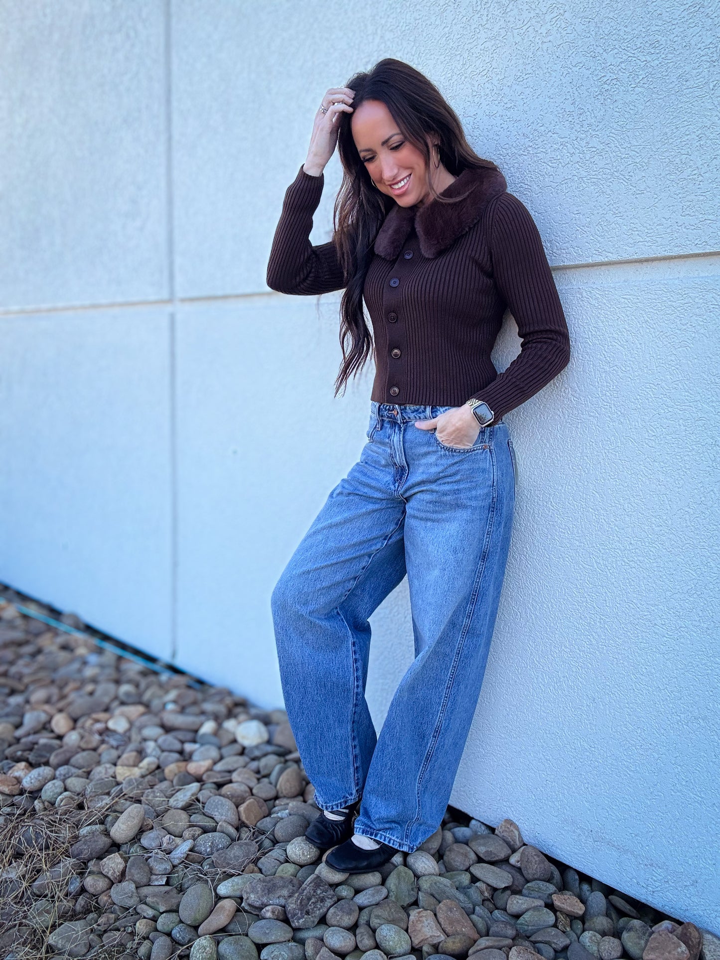 Fur Collared Cardigan Sweater - BROWN