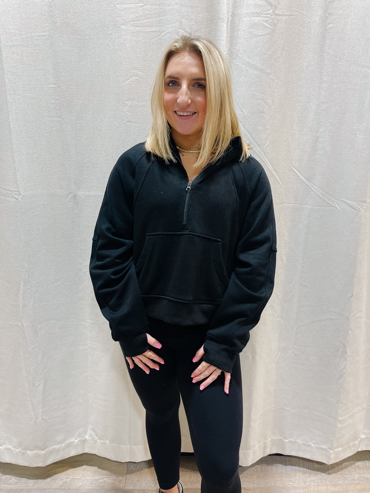 Essential Half-Zip Hoodie - BLACK