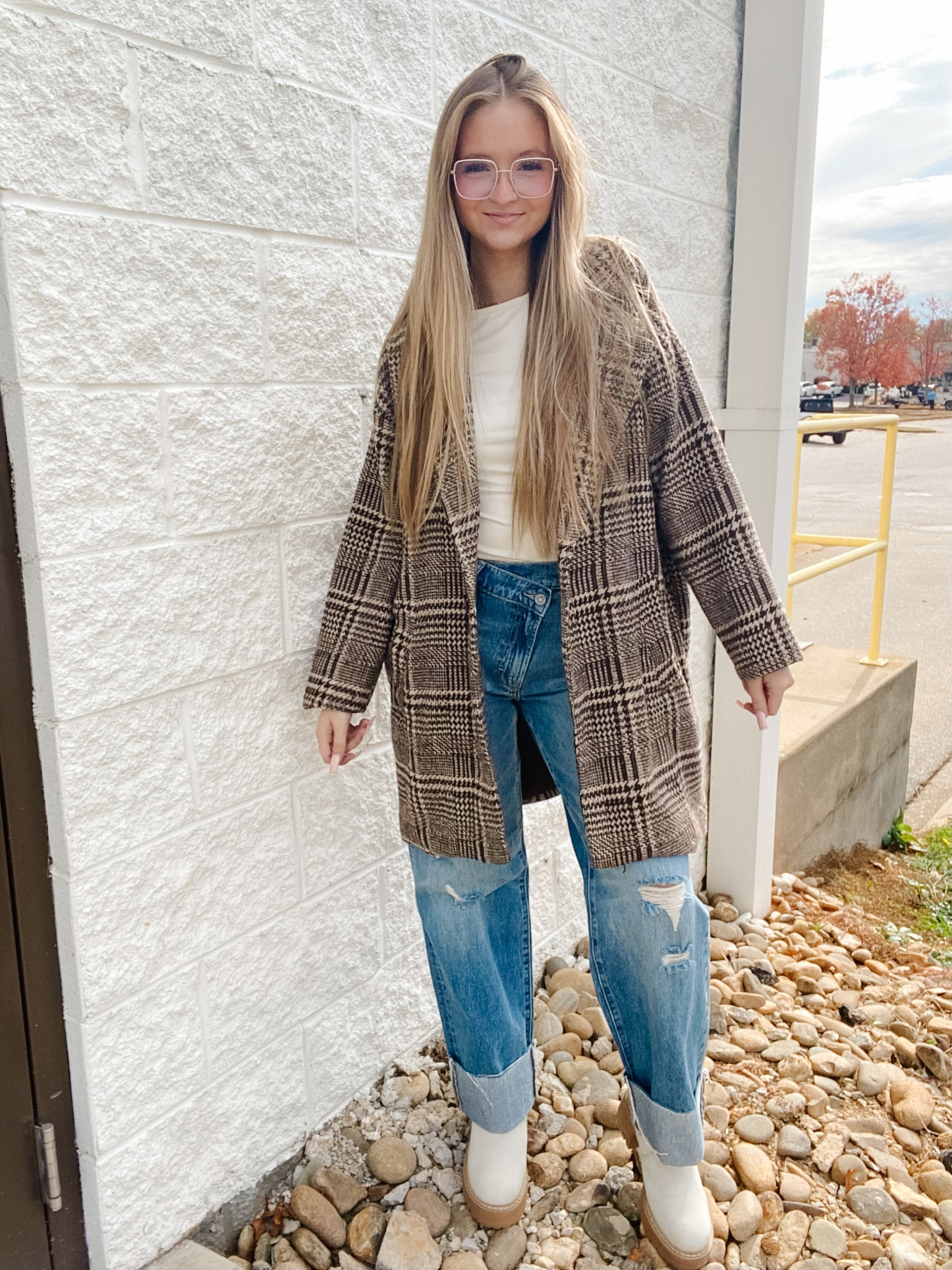 Cedar Ridge Houndstooth Plaid Coat - Brown/Cream