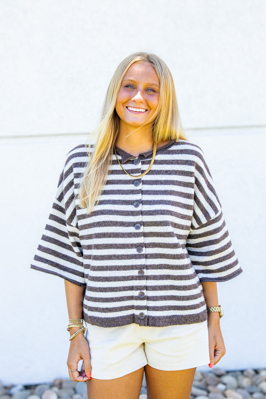 Espresso Stripe Short Sleeve Cardigan Sweater