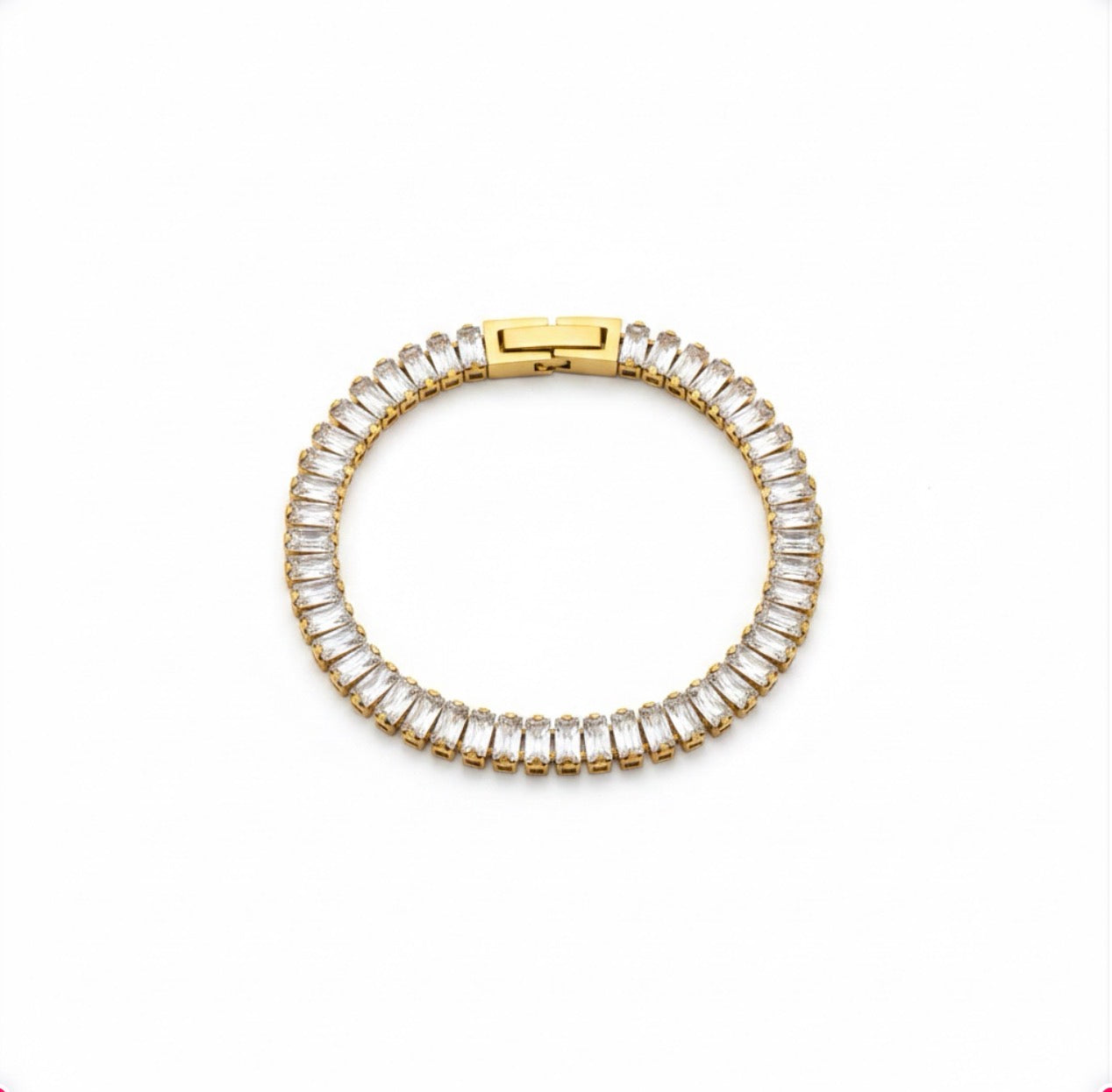 Trendy Esther baguette tennis bracelet with rectangular crystal stones in a sleek gold setting, elegant wrist jewelry
