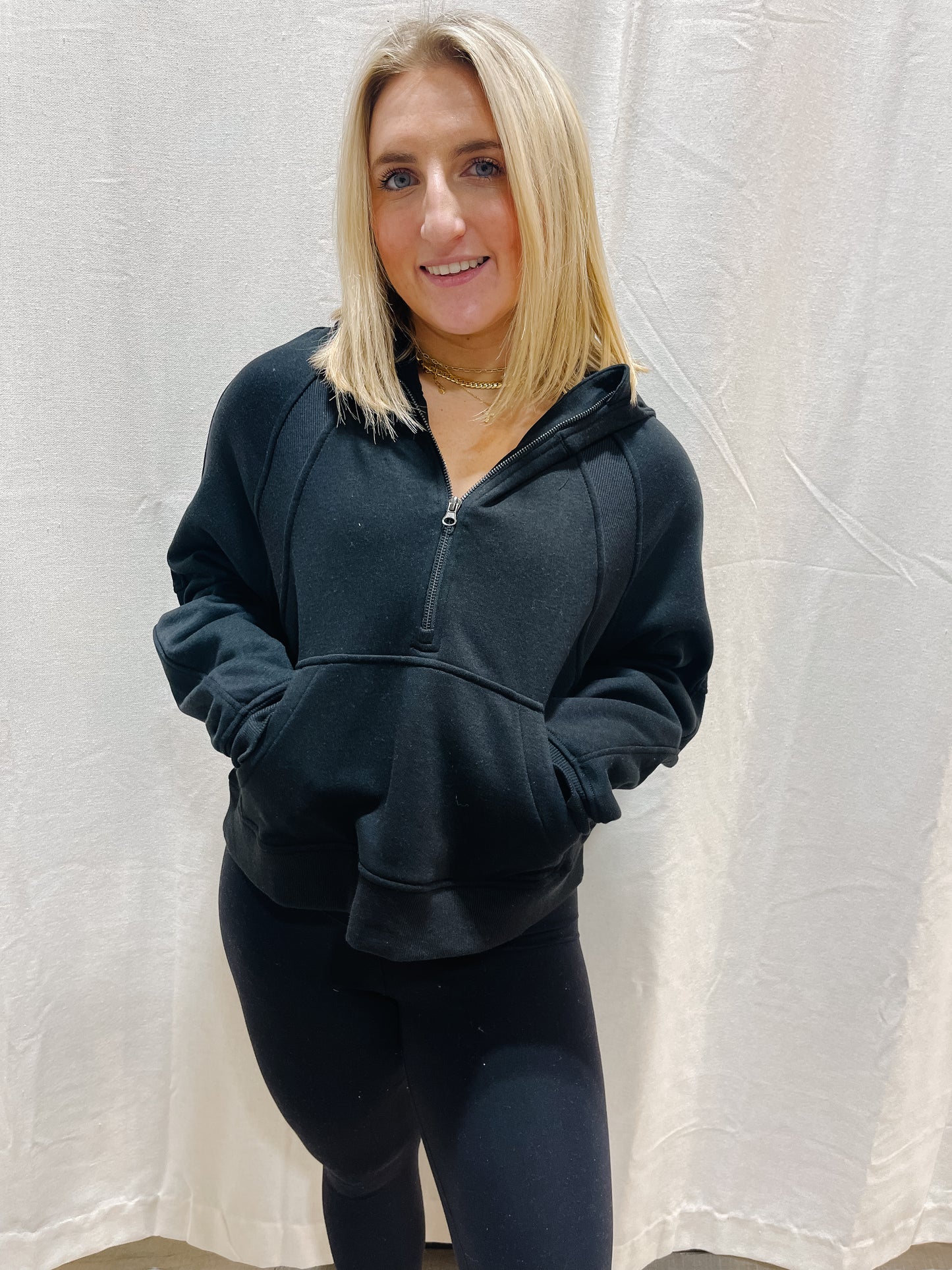 Essential Half-Zip Hoodie - BLACK